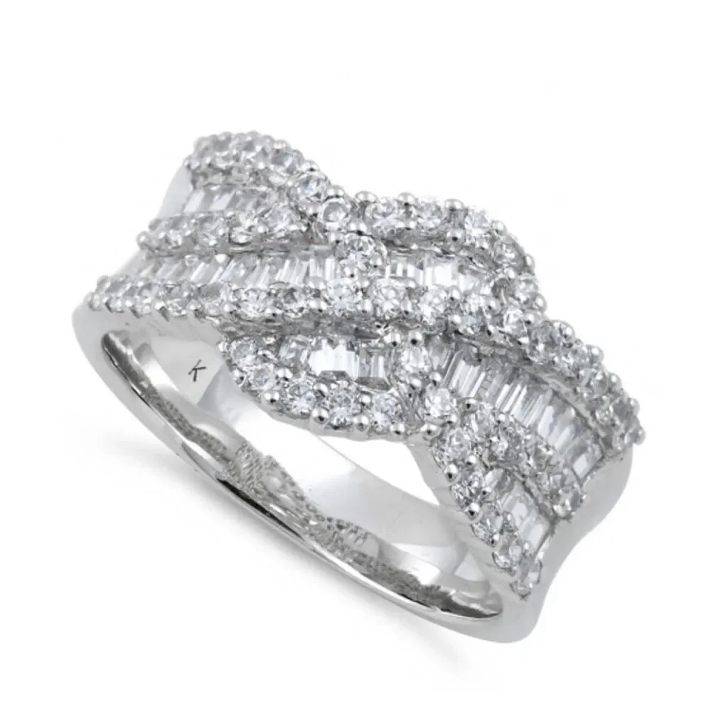 Sterling Silver Elegant Wave Pattern Clear CZ Ring New